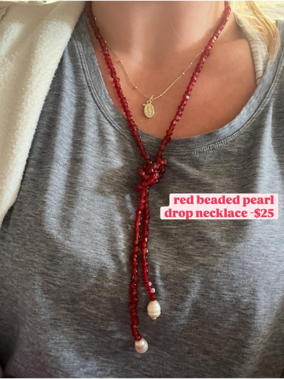 Red Beaded Pearl Drop Necklace - Elegant Women's Jewelry